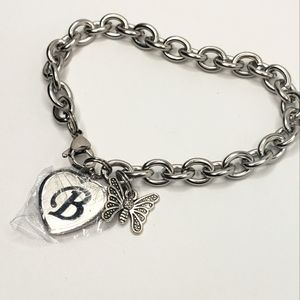 Silver Tone Chain Link Bracelet with Initial "B" and Butterfly Charm
